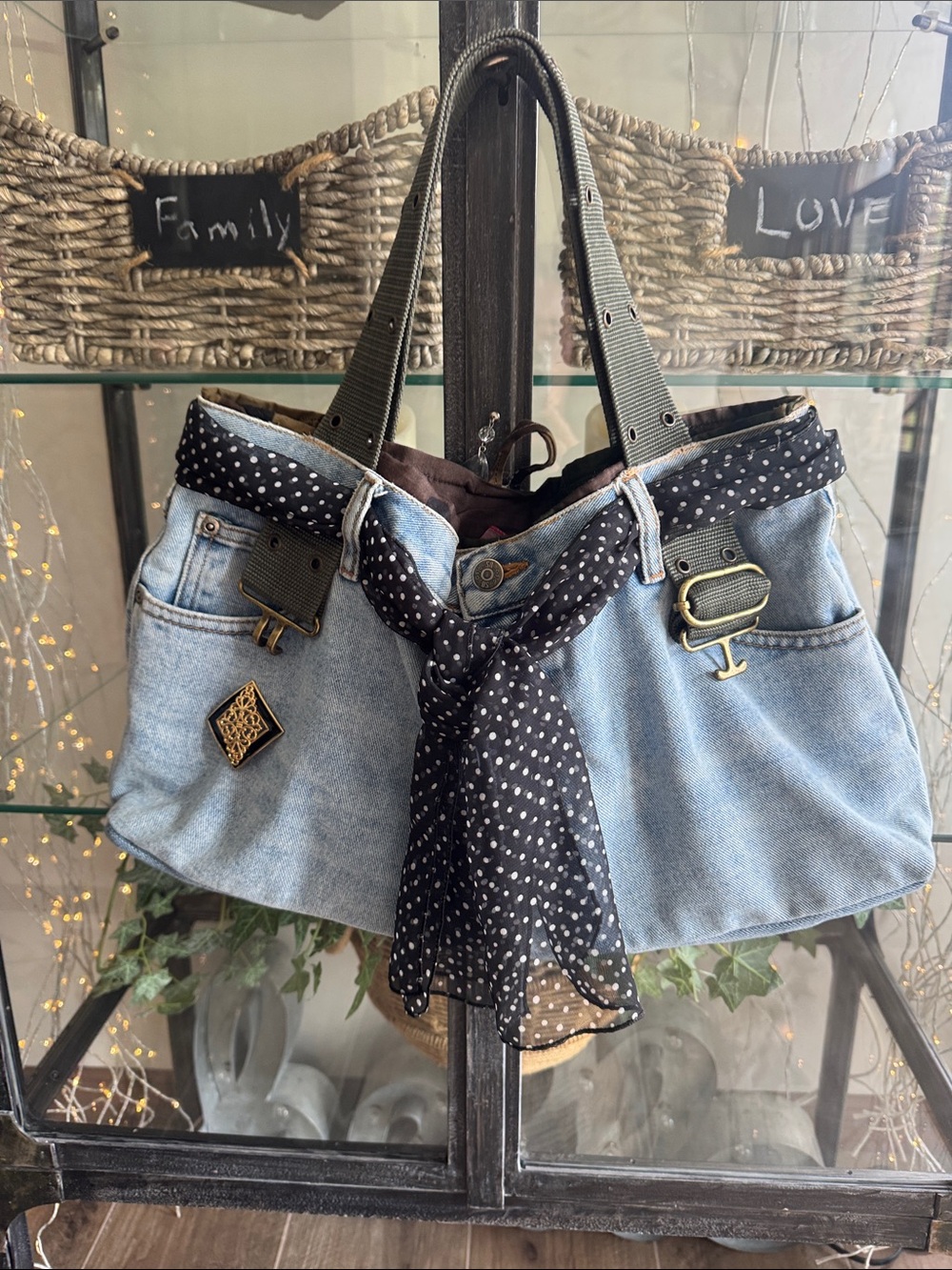 Unique Denim purse/ Bag with different colors scarfs interchangeable